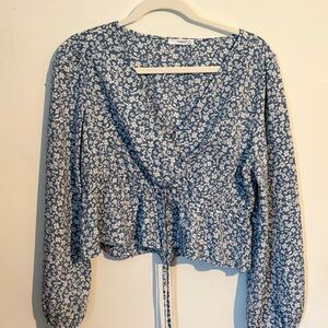 Timing Blue and White Puff Sleeve Wrap Blouse
